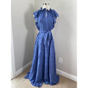 Tahari Arthur S. Levine Womens 2 Periwinkle Floral Long Maxi Dress Ruffle Neck